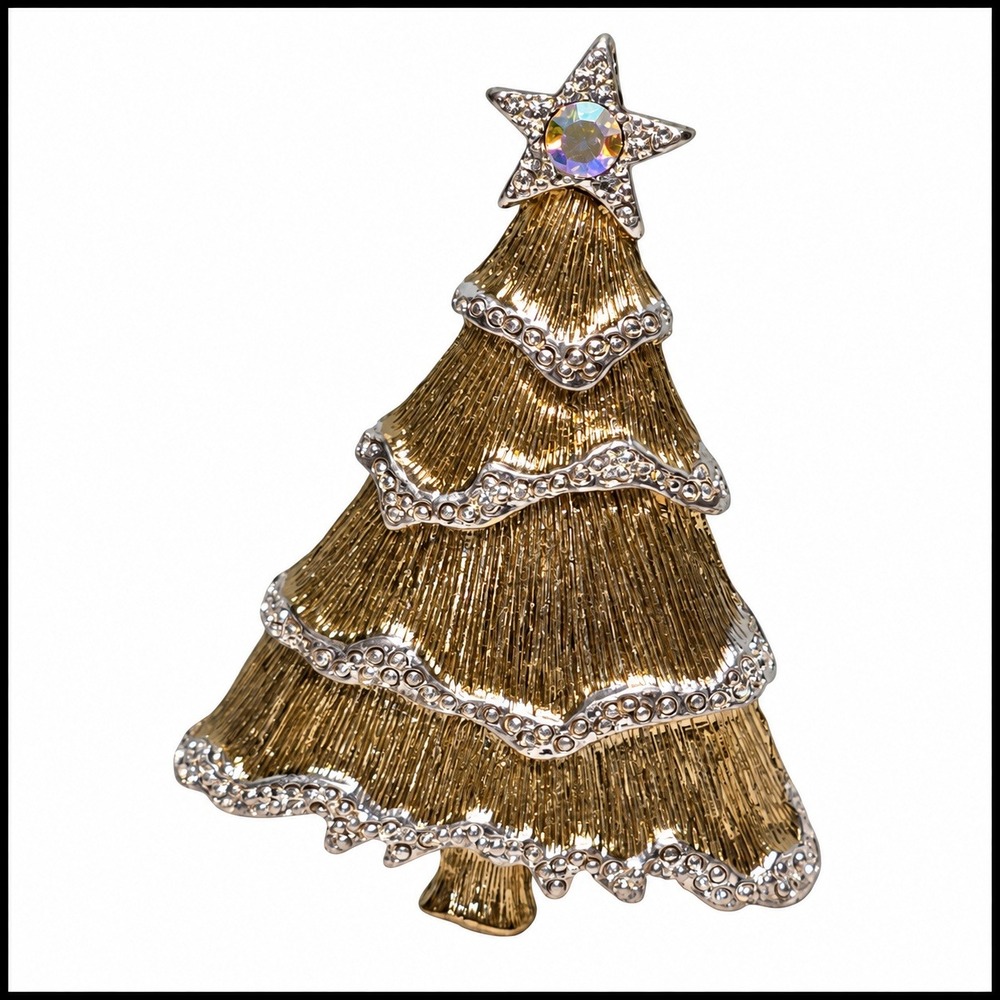 1990s Liz Claiborne Brooch Pin Holiday Christmas Tree Gold & Silvertone